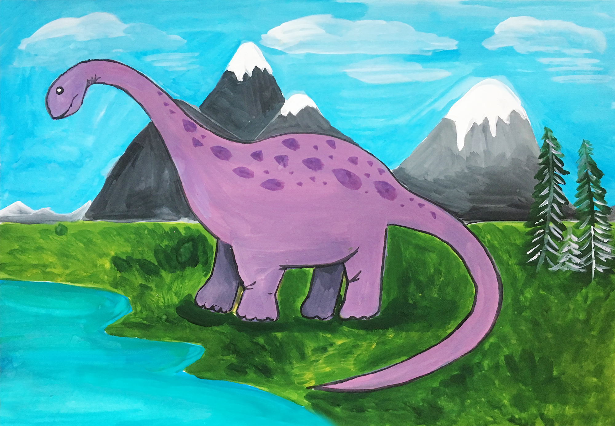 Как нарисовать динозавра поэтапно гуашью (Мастер-класс для детей)