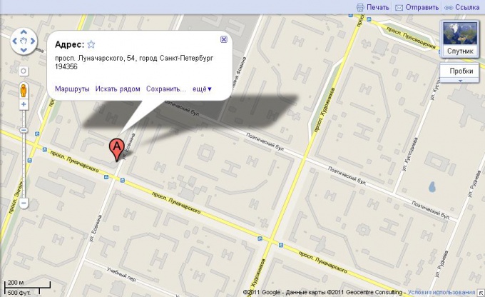Кусок карты Google по запросу Санкт-Петербург, проспект Луначарского, 54