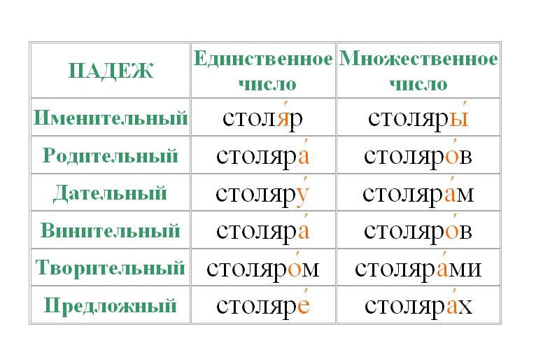 Слово столяр - ударение и склонение по падежам