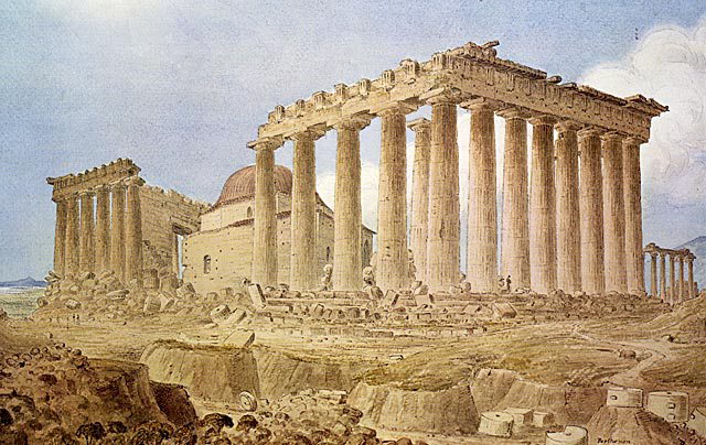 Разрушенный Парфенон с остатками собора-мечети. Автор Джеймс Скин, 1838