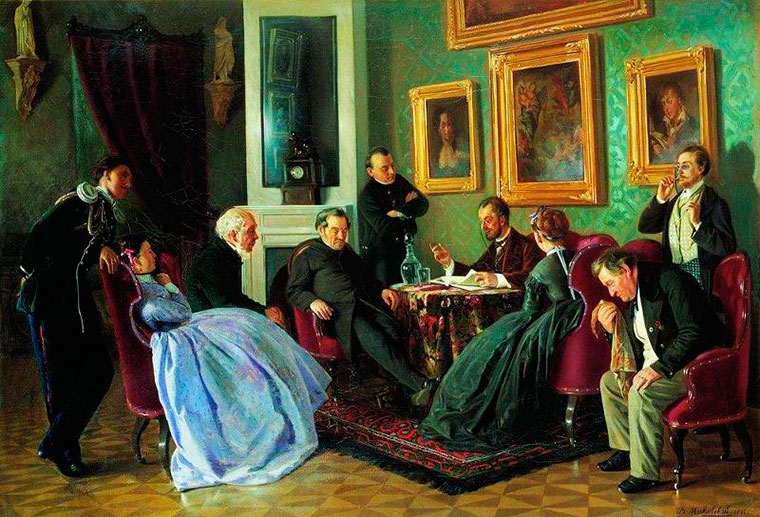 Литературное чтение (1866). Художник Владимир Маковский