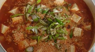 Корейский острый кимчи суп с тофу, овощами и грибами
