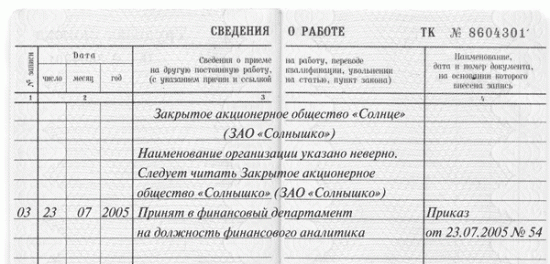 Если неправильно сделана запись в трудовой книжке как исправить образец