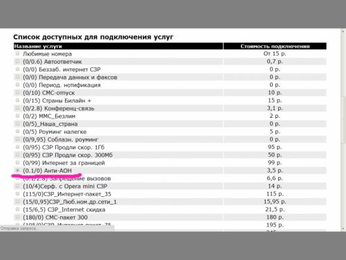 Найдите АнтиАОН в списке услуг
