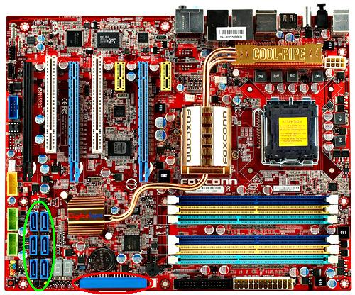 The SATA and IDE connectors on the motherboard