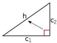 Прямоугольный треугольник. h - гипотенуза, C1 и C2 - катеты