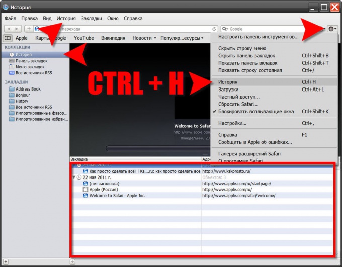 История посещений в Apple Safari