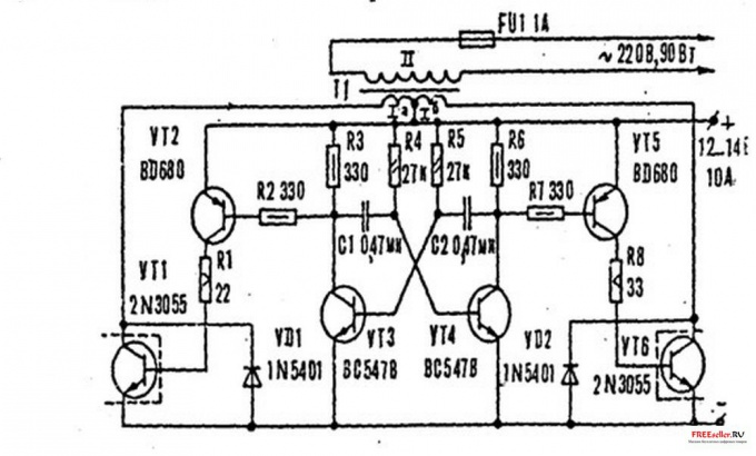С помощью такой схемы можно поднять напряжение с 12-ти до 220-ти Вольт.