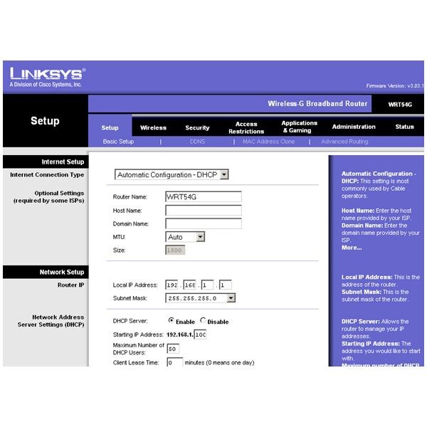 The setup menu of the router