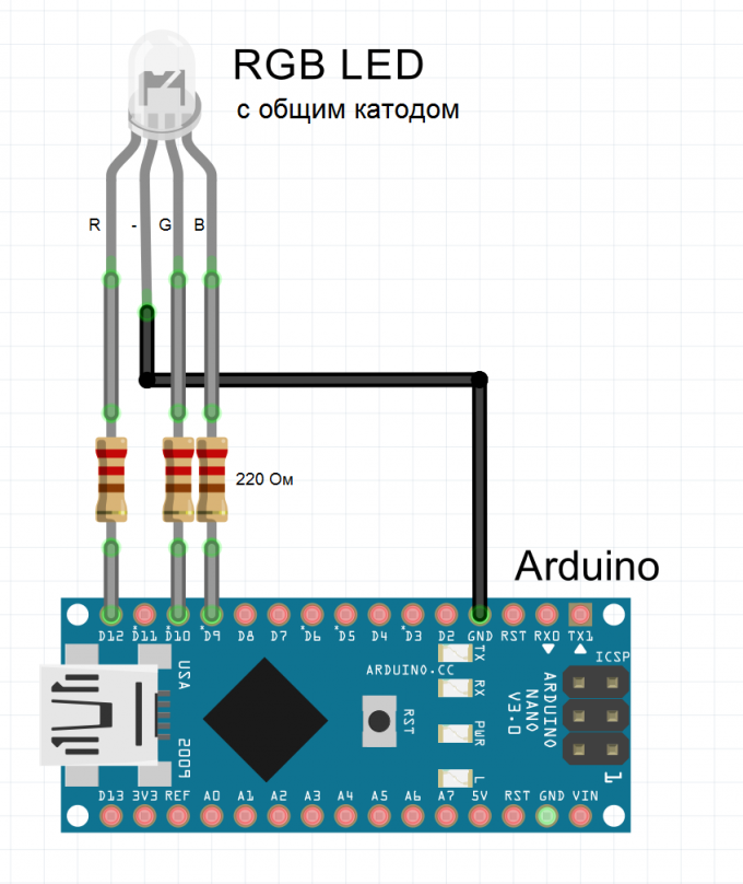 Wiring diagram for RGB led common cathode for Arduino