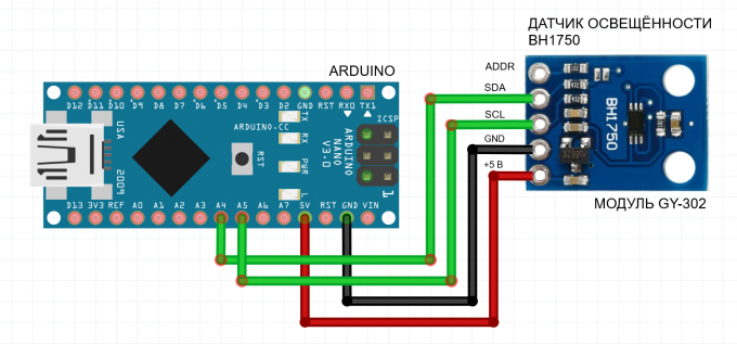 Wiring diagram for the BH1750 light sensor to Arduino