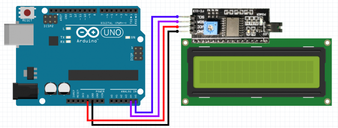 Wiring diagram for the I2C module FC-113 to the LCD display and Arduino