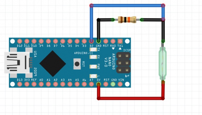 Wiring diagram for the reed switch to the Arduino