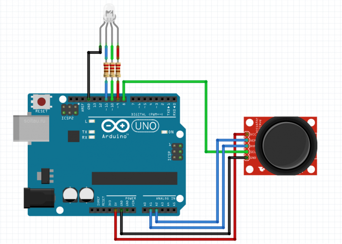 Схема подключения джойстика и RGB светодиода к Arduino