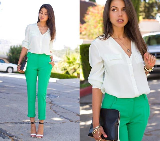 Зеленые летние брюки с чем носить