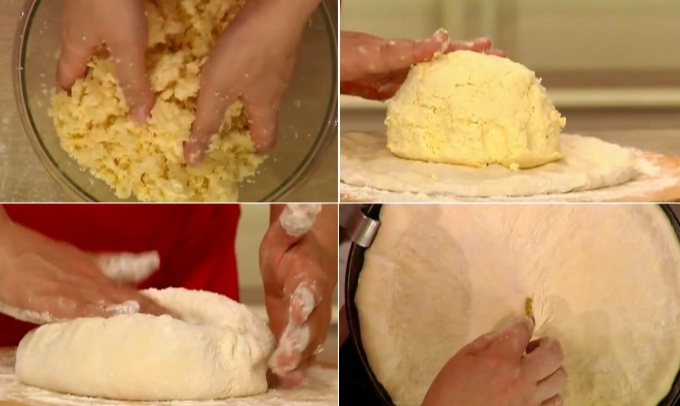 Готовим сырный пирог «Уалибах». Рассольный сыр разминаем руками до консистенции творога. Добавляем немного молока и формируем шар. Присыпаем доску мукой, выкладываем на неё шар из теста и раскатываем его в лепёшку, начиная от центра. Кладём в 