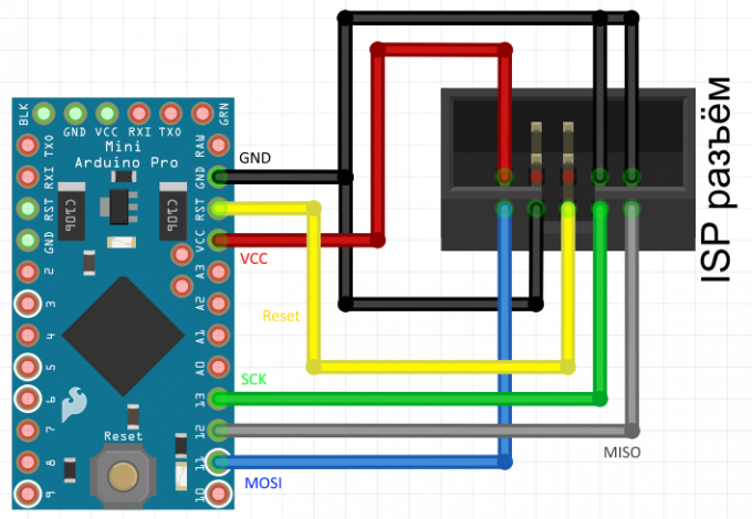 Wiring diagram for the Arduino Pro Mini to the programmer