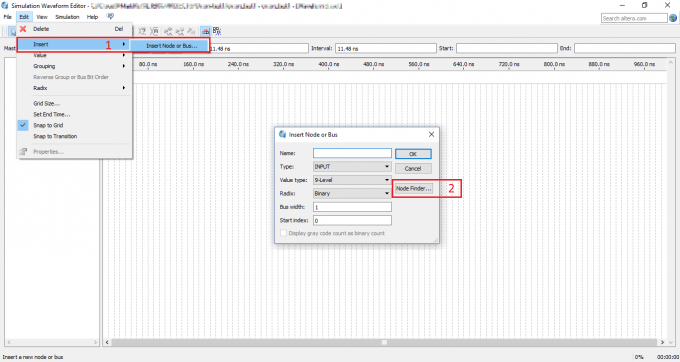 Поиск узлов и шин в Simulation Waveform Editor