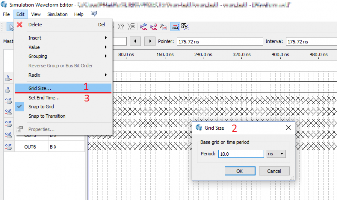 Настройка временных параметров в Simulation Waveform Editor 