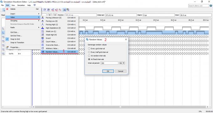 Зададим форму входного сигнала Data в Simulation Waveform Editor