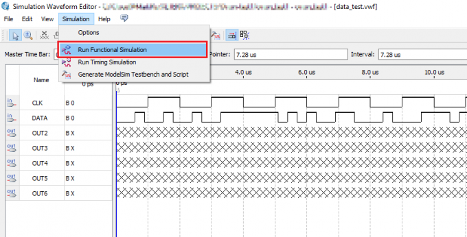 Запуск функционального симулирования в Simulation Waveform Editor 