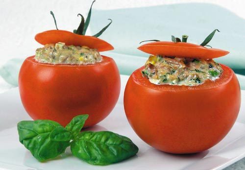 Stuffed lentils tomatoes with potato "cheese"
