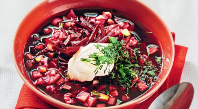 Beetroot soup with fish
