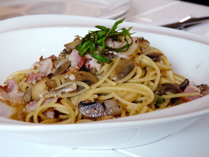 Спагетти с грибами и ветчиной