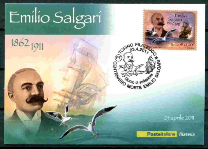 К столетию великого писателя итальянцы выпустили марку с его изображением, на фоне морского пейзажа.