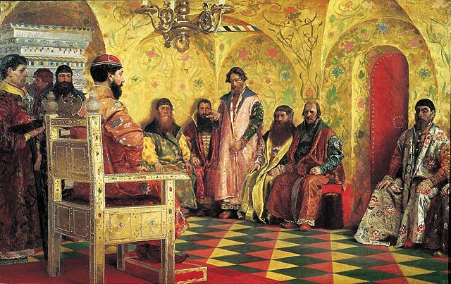 Полотно Рябушкина А.П. "Сидение царя Михаила Фёдоровича с боярами в его государевой комнате"